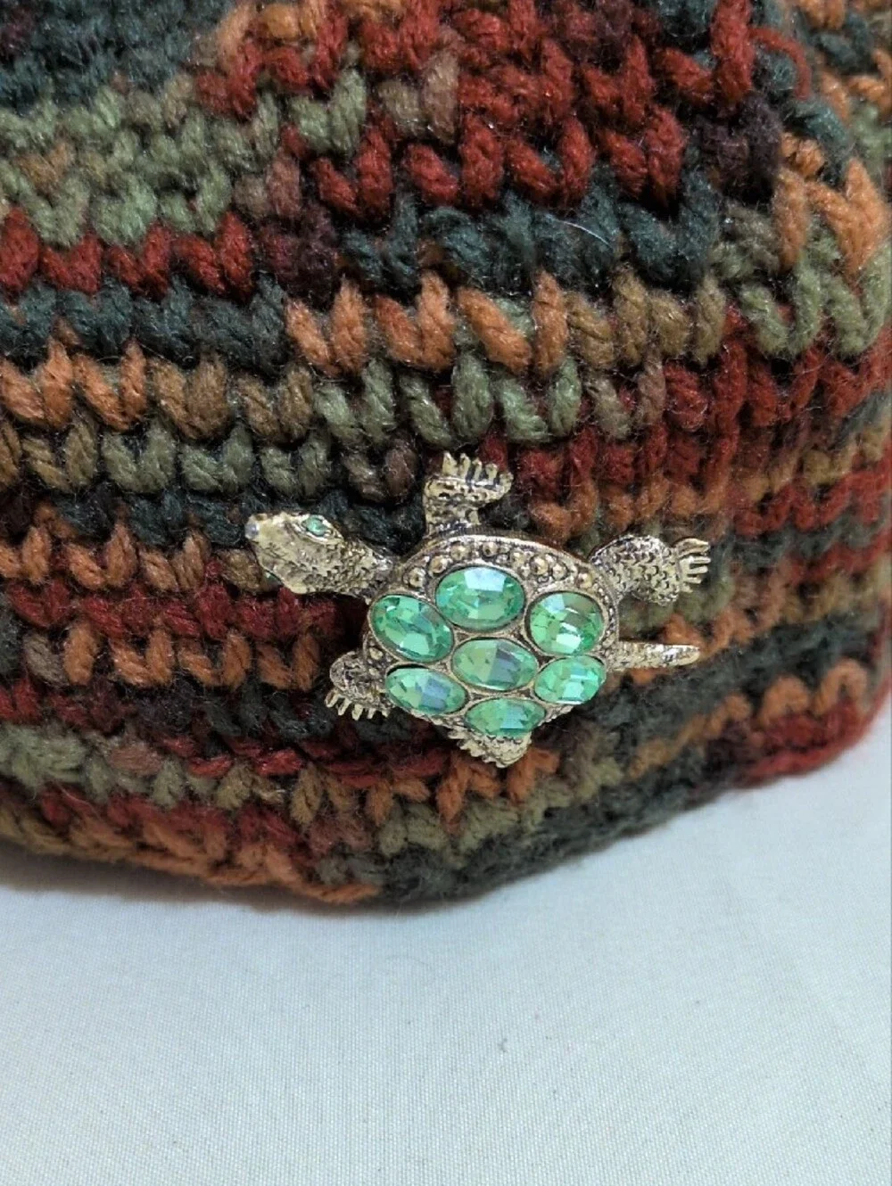 Hand Crafted Multicolor Crochet Beret with Turtle Pin